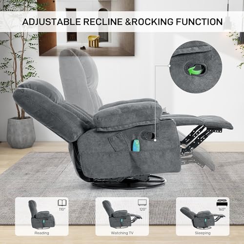 Recliner Chair Massage Fabric Recliners with Heated, 360 Degree Swivel Single Sofa with Cup Holders and Side Pockets Rocking Chair T54270