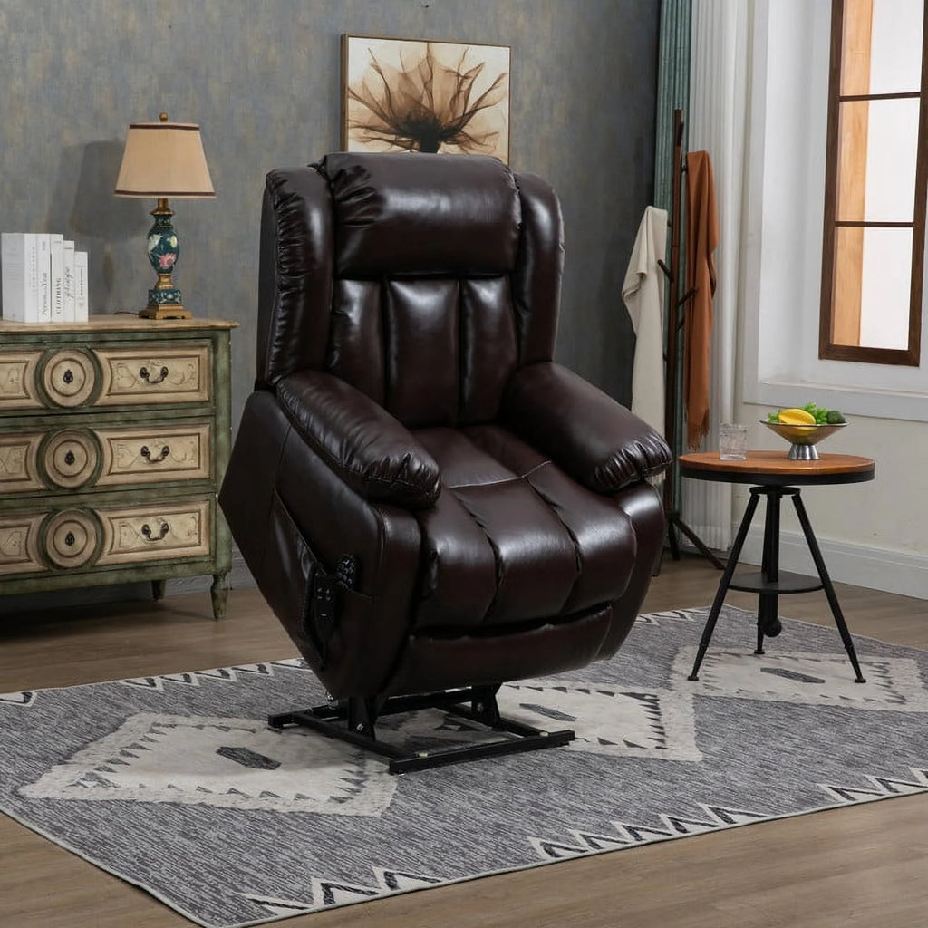 Deep Brown Leather Power Lift Recliner Chair with 8-Point Vibration Massage Lumbar Heating J898624