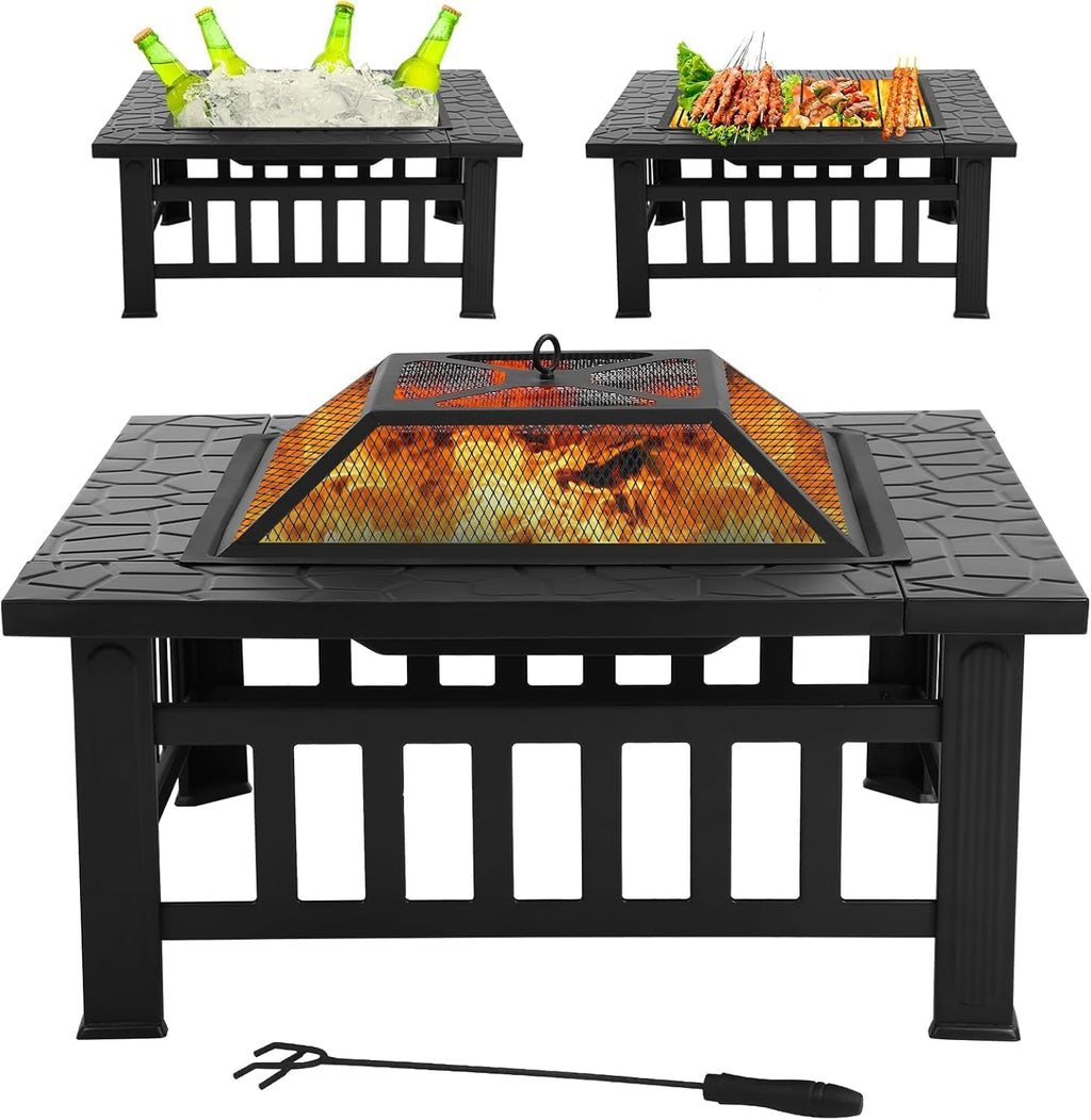 32in Square Black Metal Fire Pit F598905