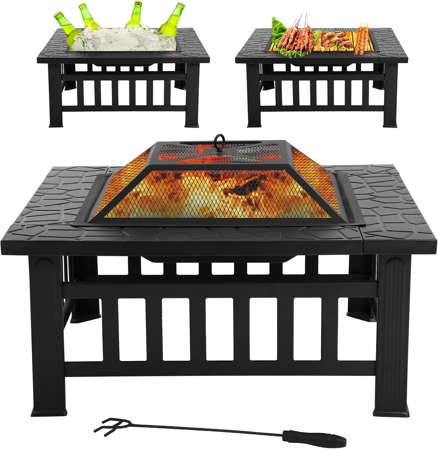 32in Square Black Metal Fire Pit F598905