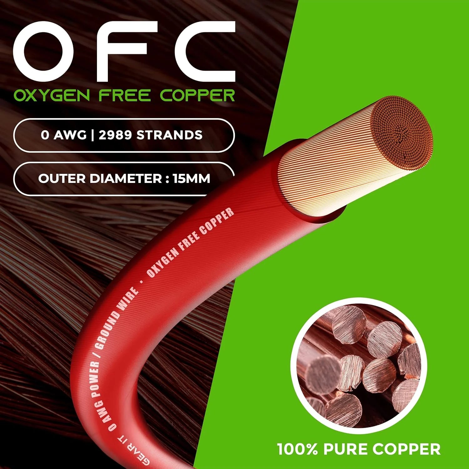 1/0 Gauge Oxygen Free Copper OFC 25ft Red Translucent Primary Automotive Wire P535