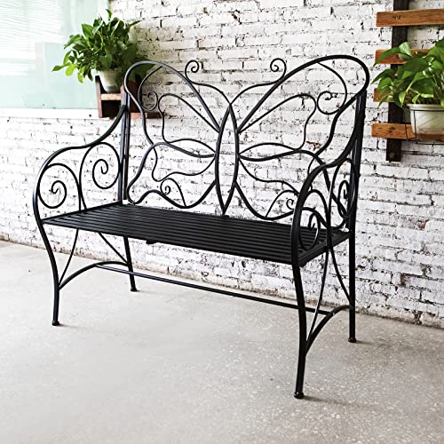 Black Cast Iron Metal Outdoor Bench with Armrests W314