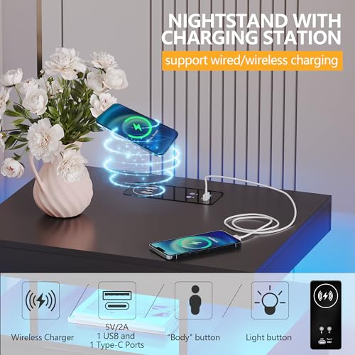 Black Nightstand with Drawers and Wireless Charging Station A2405