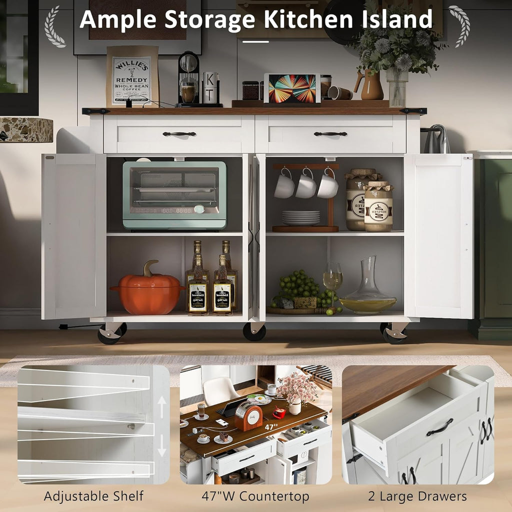 White Kitchen Island with Power Outlet and Drop Leaf Y6211