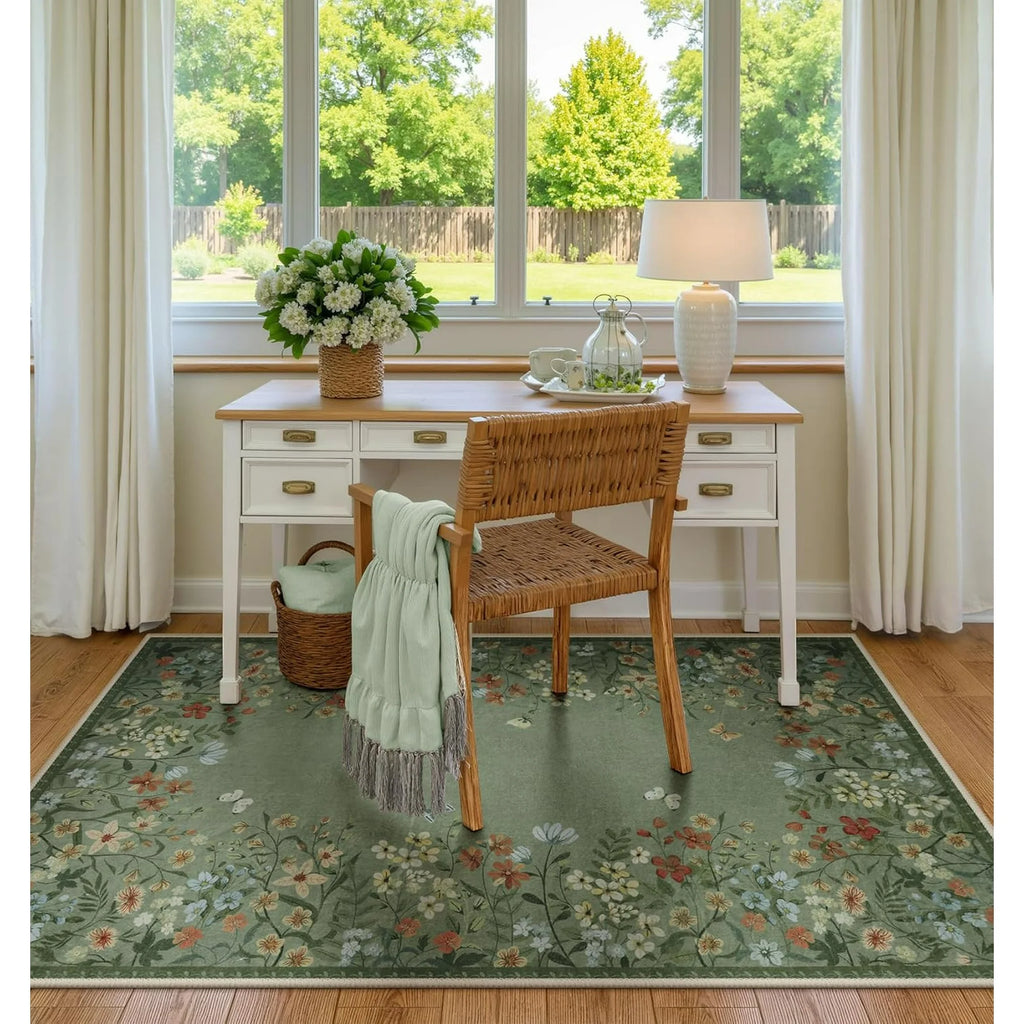 Green Floral 4x6 Washable Low-Pile Area Rug B6699