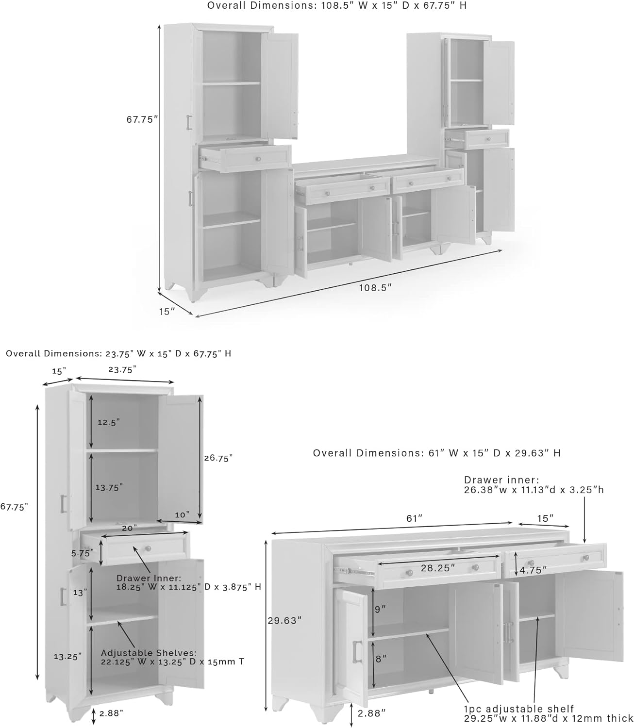 Distressed White 3-Piece Entertainment Set with Sideboard and 2 Storage Cabinets B91608