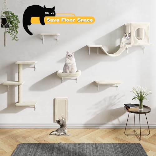 Gray 7 Pcs Cat Wall Shelves with House, Tunnel, Bridge, Steps, Scratcher, Hammock, Bed P73120