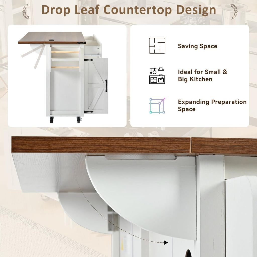 White Kitchen Island with Power Outlet and Drop Leaf Y6211