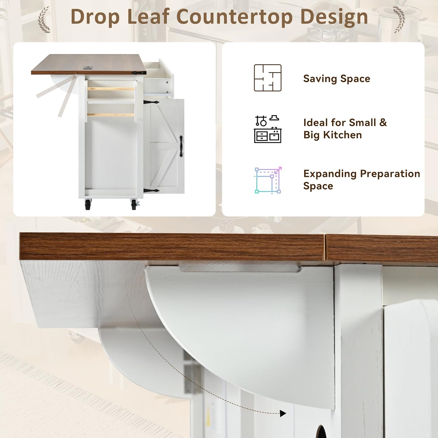 White Kitchen Island with Power Outlet and Drop Leaf Y6211