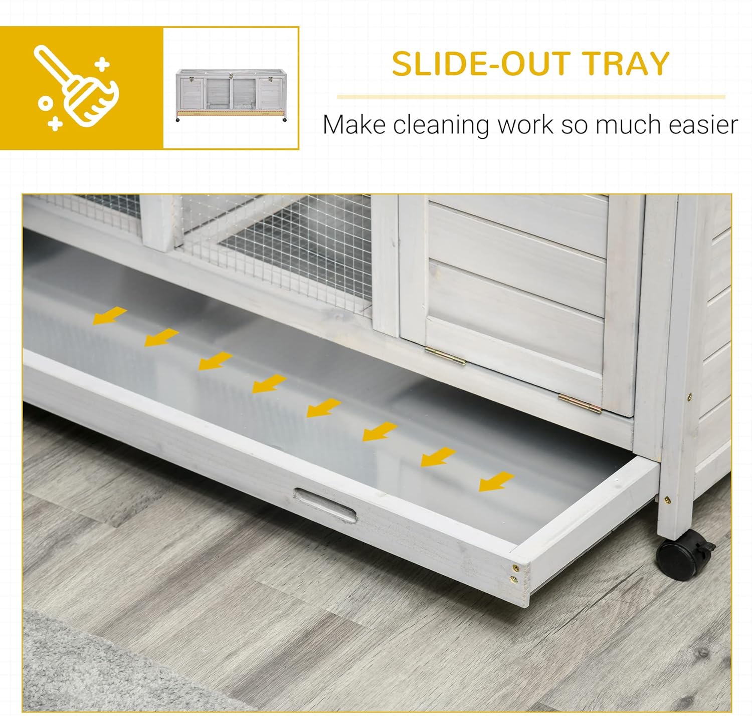 Light Gray Wooden Rabbit Hutch with Wheels and Removable Trays D2553
