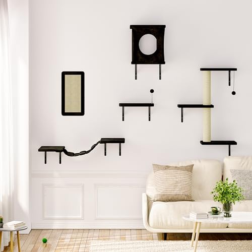 Gray 7 Pcs Cat Wall Shelves with House, Tunnel, Bridge, Steps, Scratcher, Hammock, Bed P73120