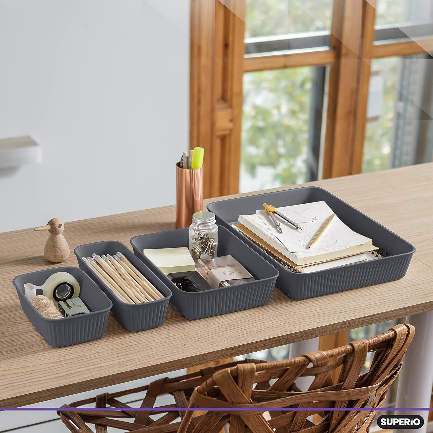Grey Plastic Desk Drawer Organizer Tray Set of 4 Q35856