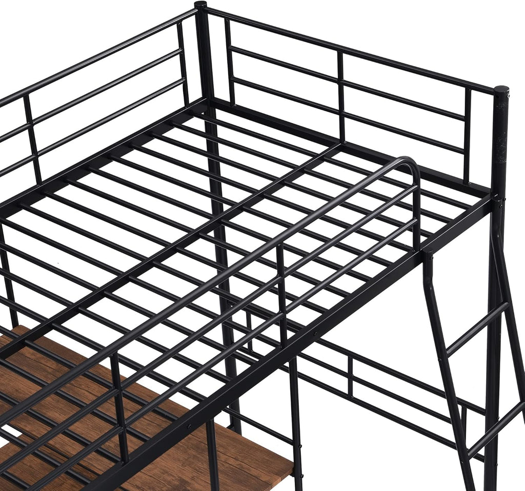 Black Metal Twin Size Loft Bed with Built-in Desk and Shelves O283620