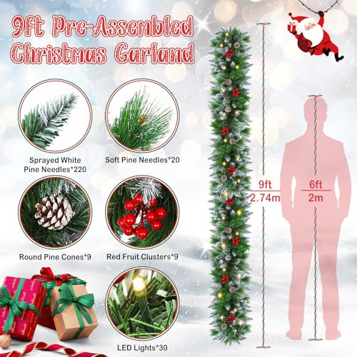 9FT Flocked Pre-Lit Artificial Garland with 30 LED Lights F904941