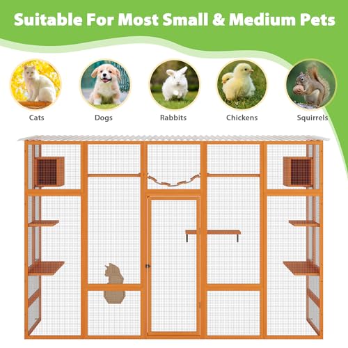 Orange Wooden Cat Enclosure with Large Door, Waterproof Roof, 104" L Extra Wide L43032