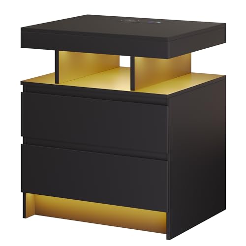 Black Nightstand with Drawers and Wireless Charging Station A2405