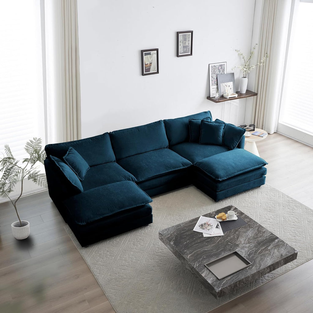 U Shaped Convertible Modular Sectional Sofa with Movable Ottomans, 5-Seater Deep Seat Chenille Upholstered Sleeper Sofa Y222