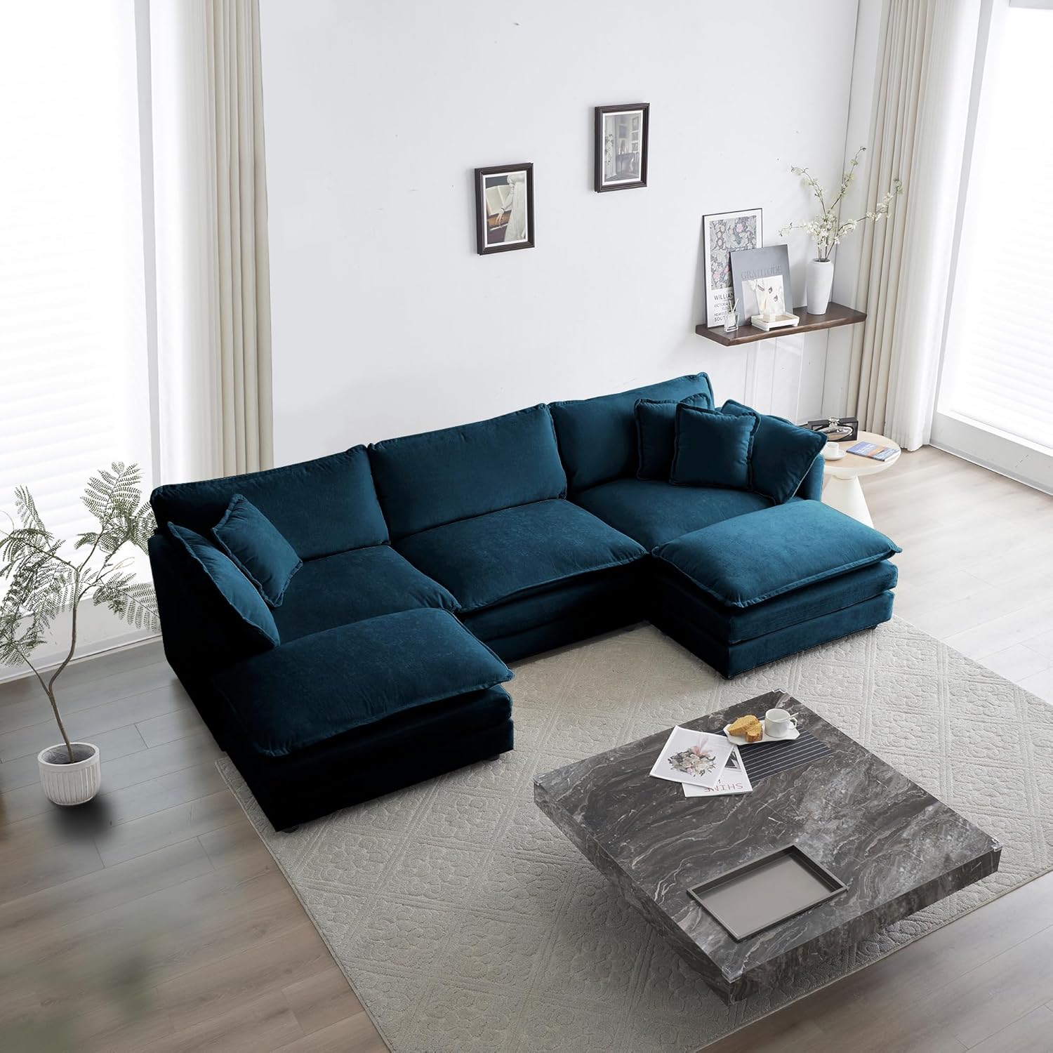 U Shaped Convertible Modular Sectional Sofa with Movable Ottomans, 5-Seater Deep Seat Chenille Upholstered Sleeper Sofa Y222