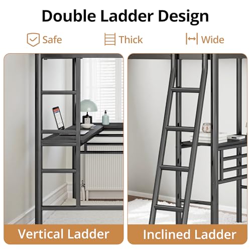 Black Twin Size L-Shaped Metal Loft Bed with 2 Built-in Desks and 2 Ladders A9827