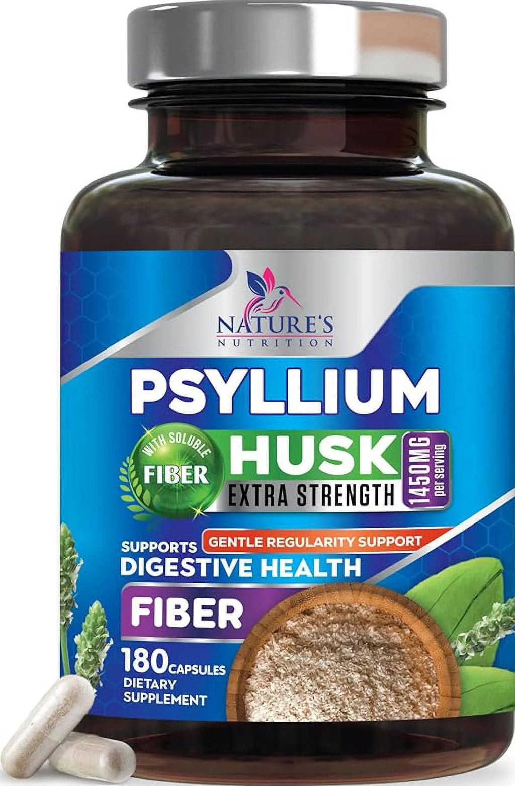 180 Capsules Psyllium Husk 1450mg Soluble Fiber Supplement G20876