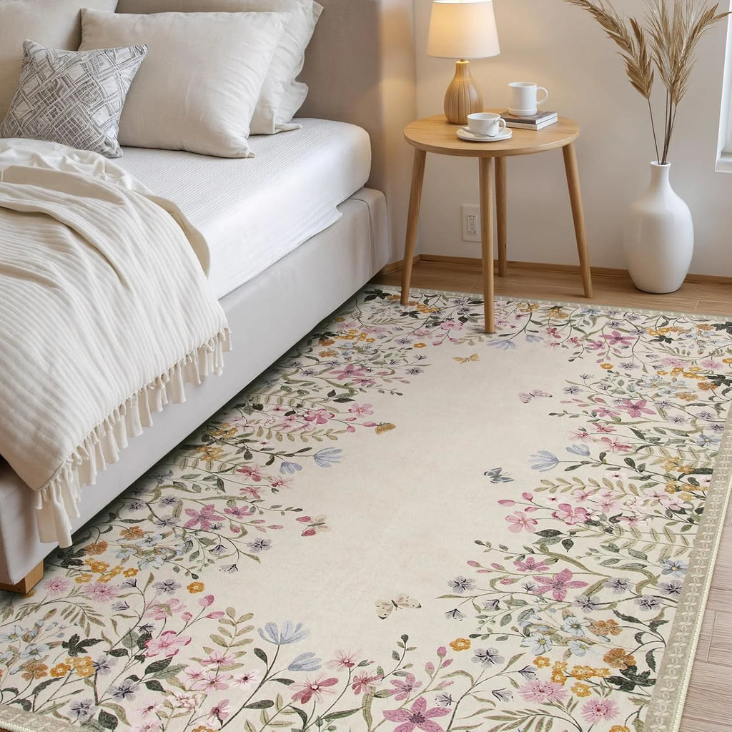 Green Floral 4x6 Washable Low-Pile Area Rug B6699