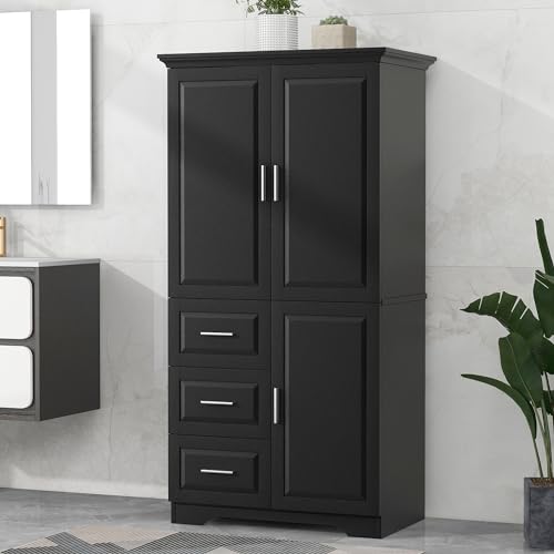 White 3 Door Tall Storage Cabinet with Adjustable Shelves and 3 Drawers H628