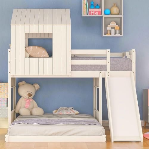 White Twin Over Full Size Wooden Bunk Beds with Slide J48714