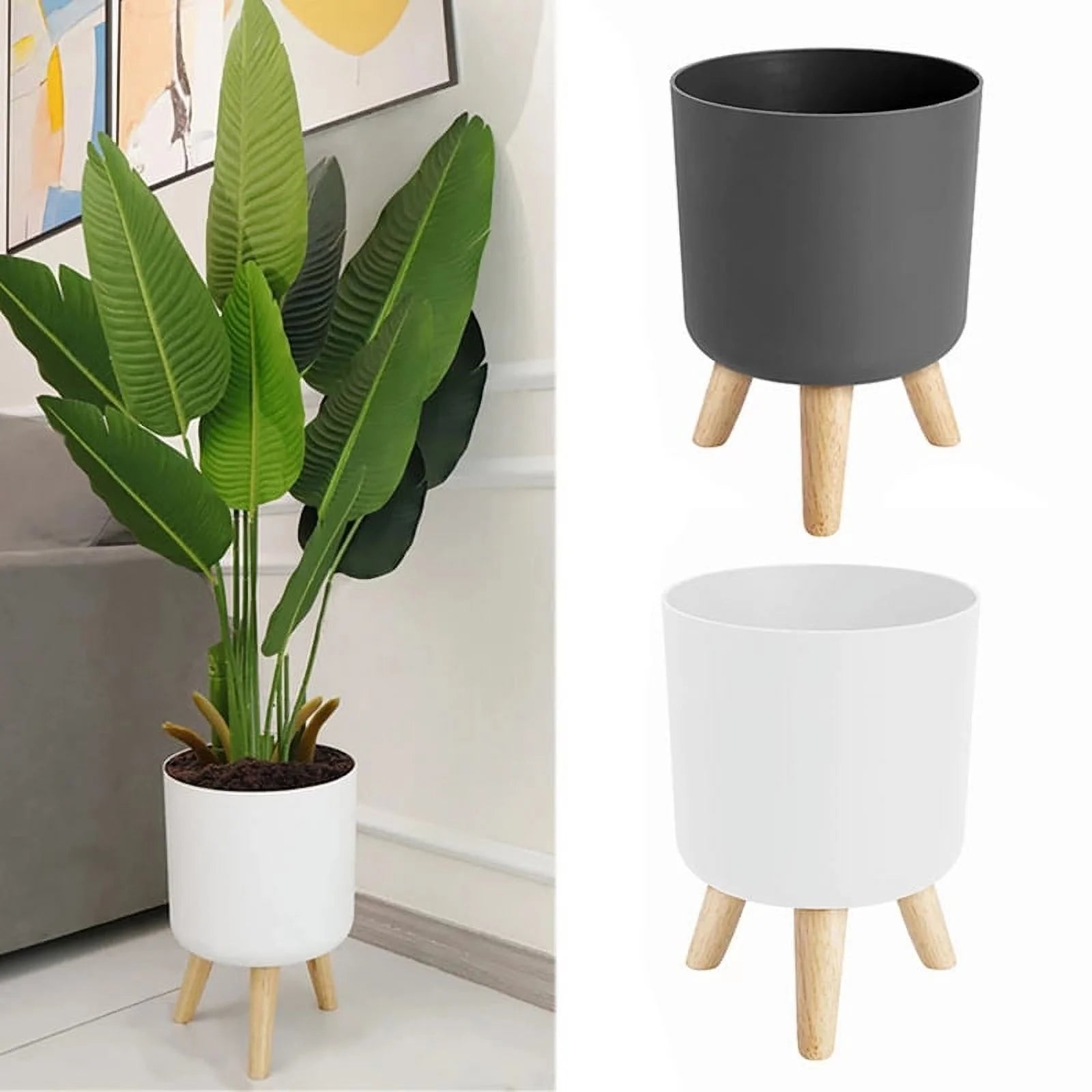 Indoor Planters Set with Wooden Legs Floor Standing Flower Pot W991253