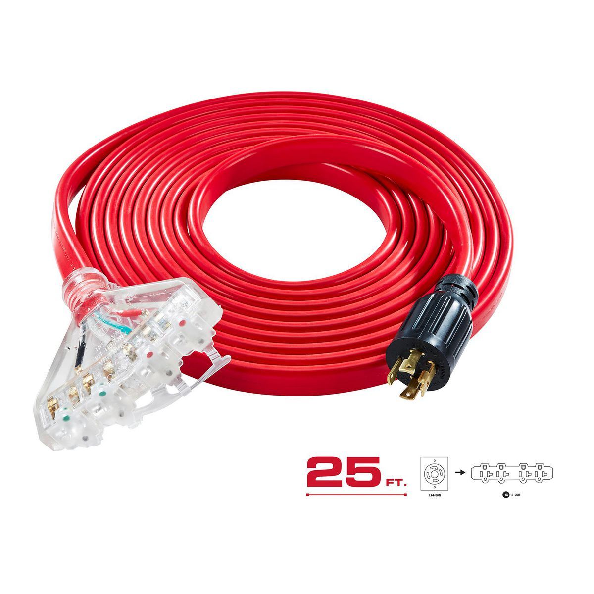 25 ft 30 Amp 125/250V Flat 4-Outlet L14-30 Generator Extension Cord R5901