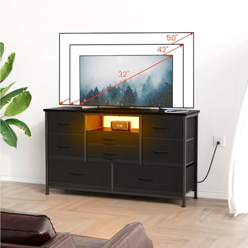 8 Drawer Dresser with Power Outlet and LED, Wood Top L8734