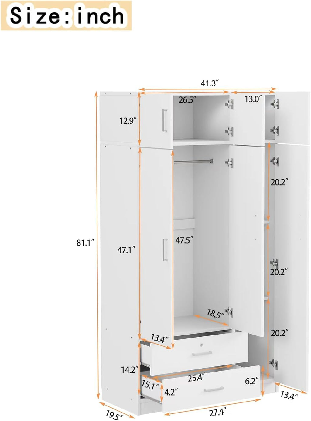 White 3-Door Mirror Wardrobe Closet with 2 Drawers F5635