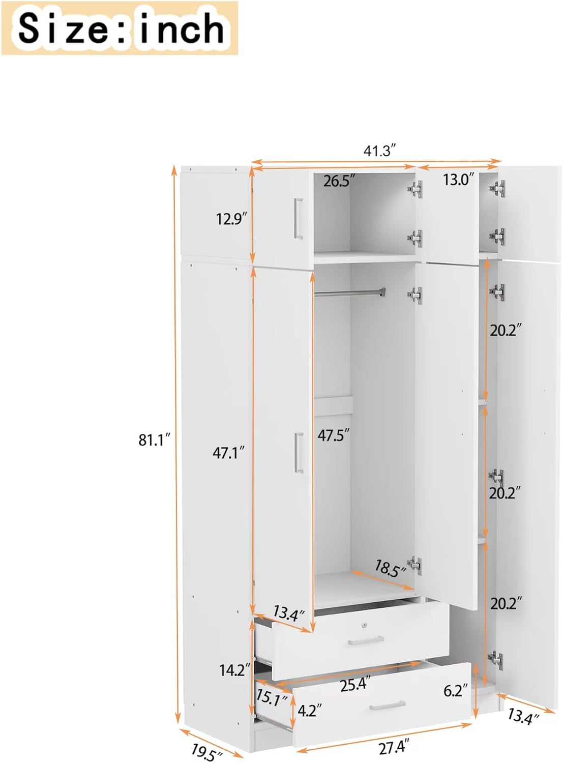 White 3-Door Mirror Wardrobe Closet with 2 Drawers F5635