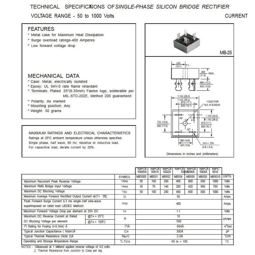 5/10Pcs 1000V 50A Metal Case Single Phase Diode Bridge Rectifier A46002