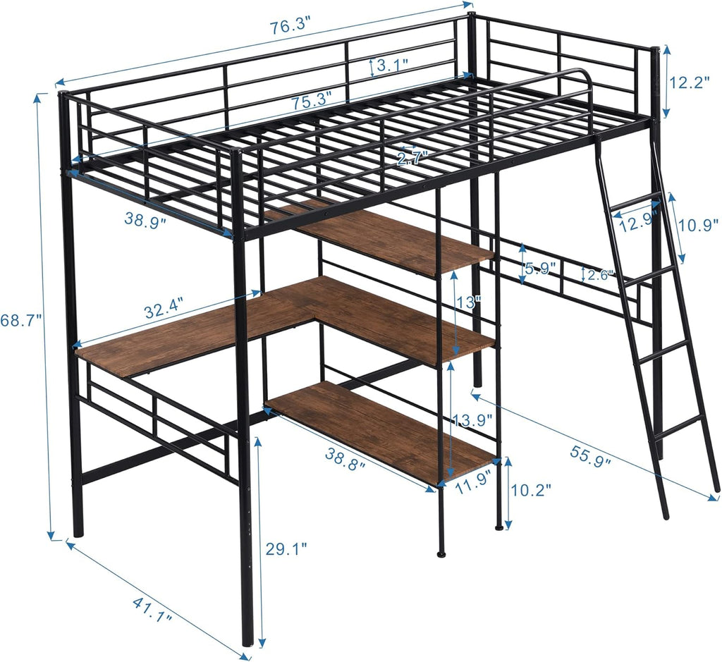 Black Metal Twin Size Loft Bed with Built-in Desk and Shelves O283620