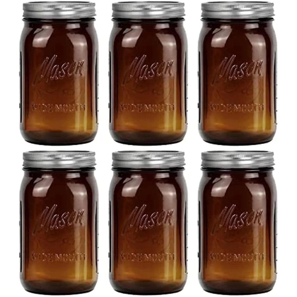 4 Pack 32Oz Amber Wide Mouth Glass Mason Jars with Airtight Lids and Bands N2890