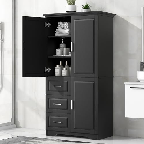 White 3 Door Tall Storage Cabinet with Adjustable Shelves and 3 Drawers H628