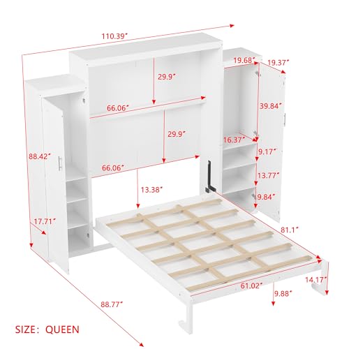 White Queen Size Foldable Platform Bed with 2 Wardrobe and Storage Shelf D68894