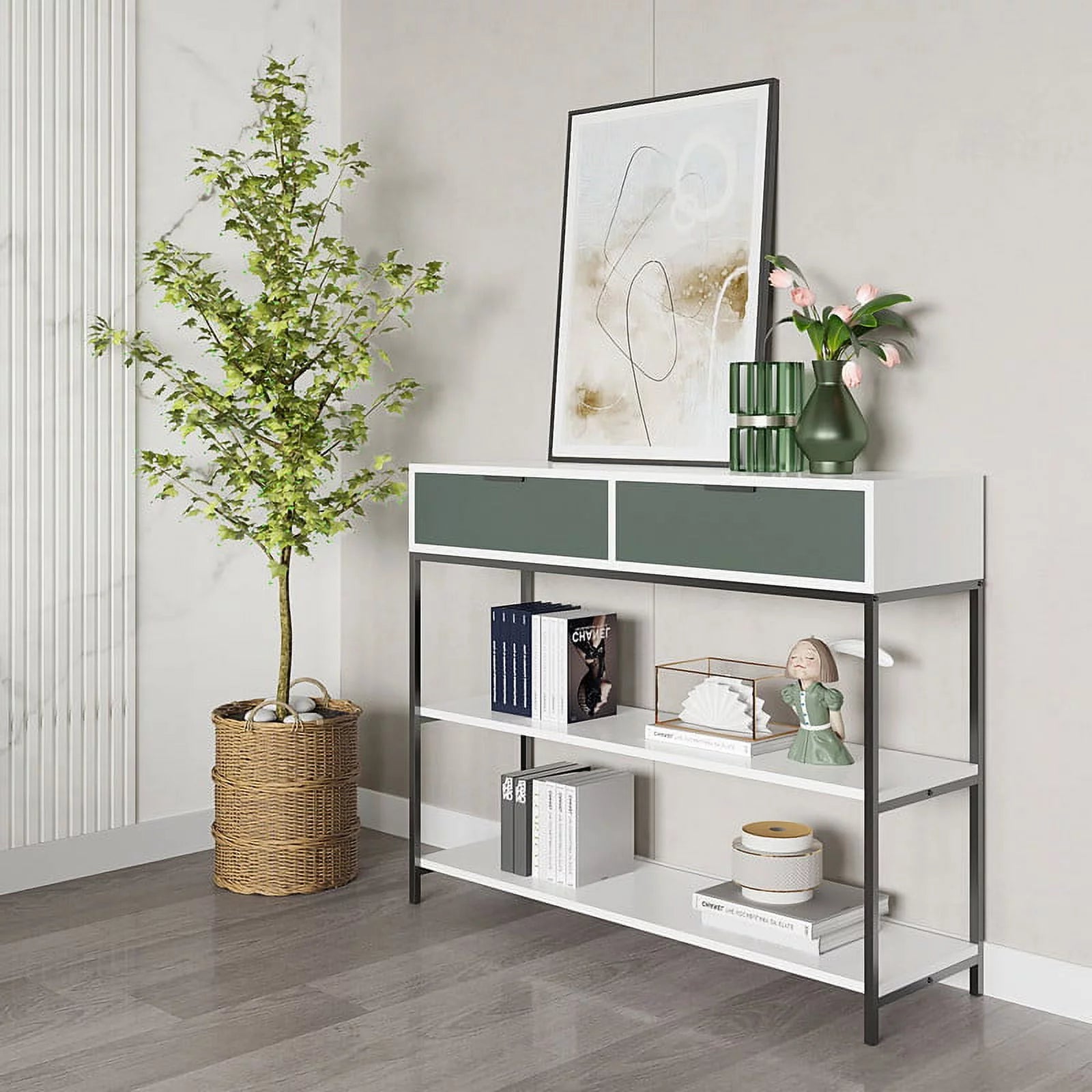 White and Light Green Wood Console Table with Shelves and Drawers C4535