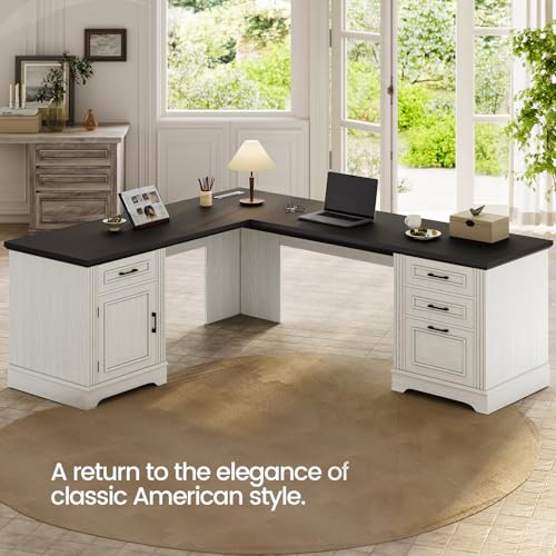 White L Shaped Desk with File Drawer and Power Outlet C50752