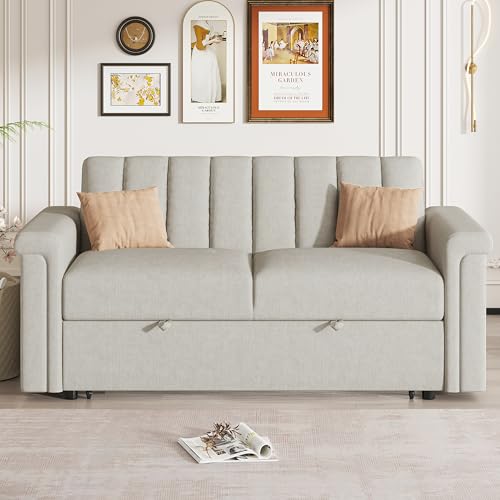 Beige Convertible Sleeper Sofa Bed with Pullout Bed T92457