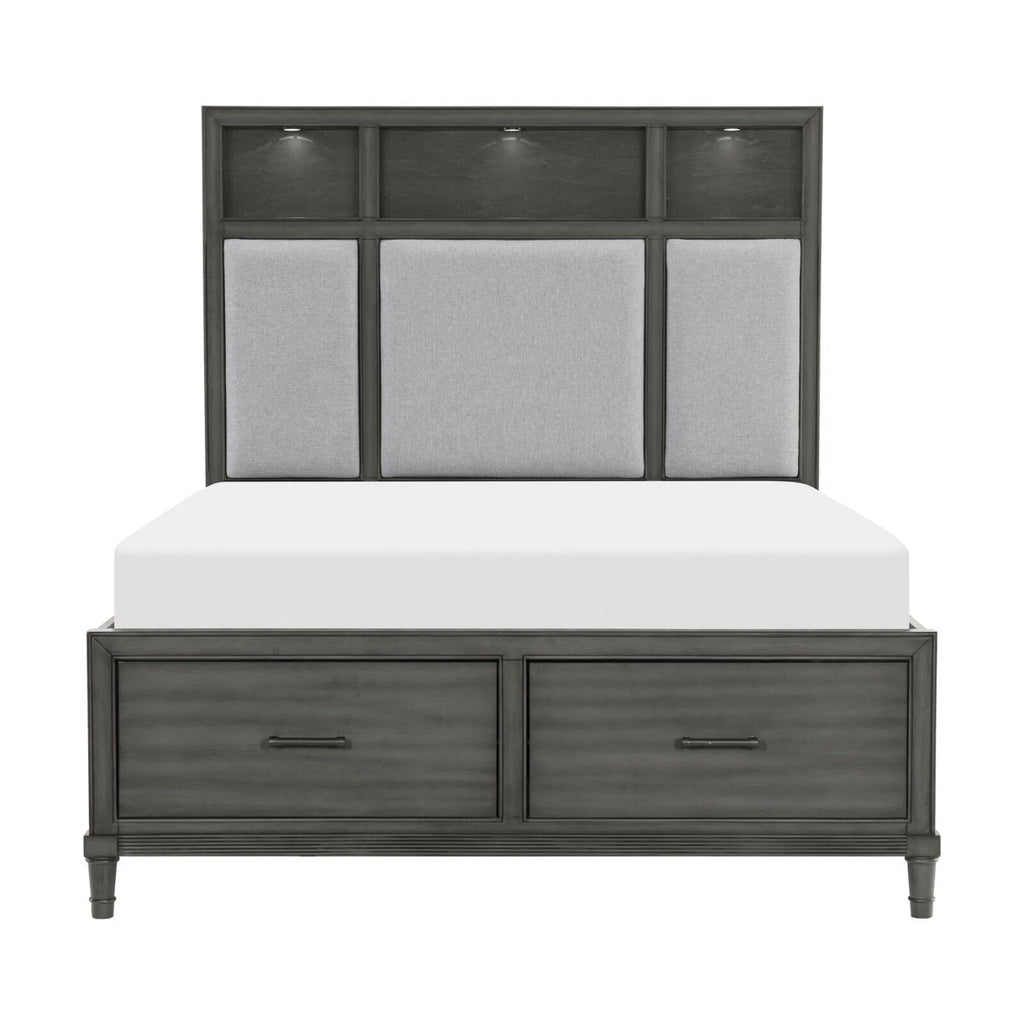 Queen Size Platform Bed with Storage USB Port Bookshelves LED Light Headboard G7376