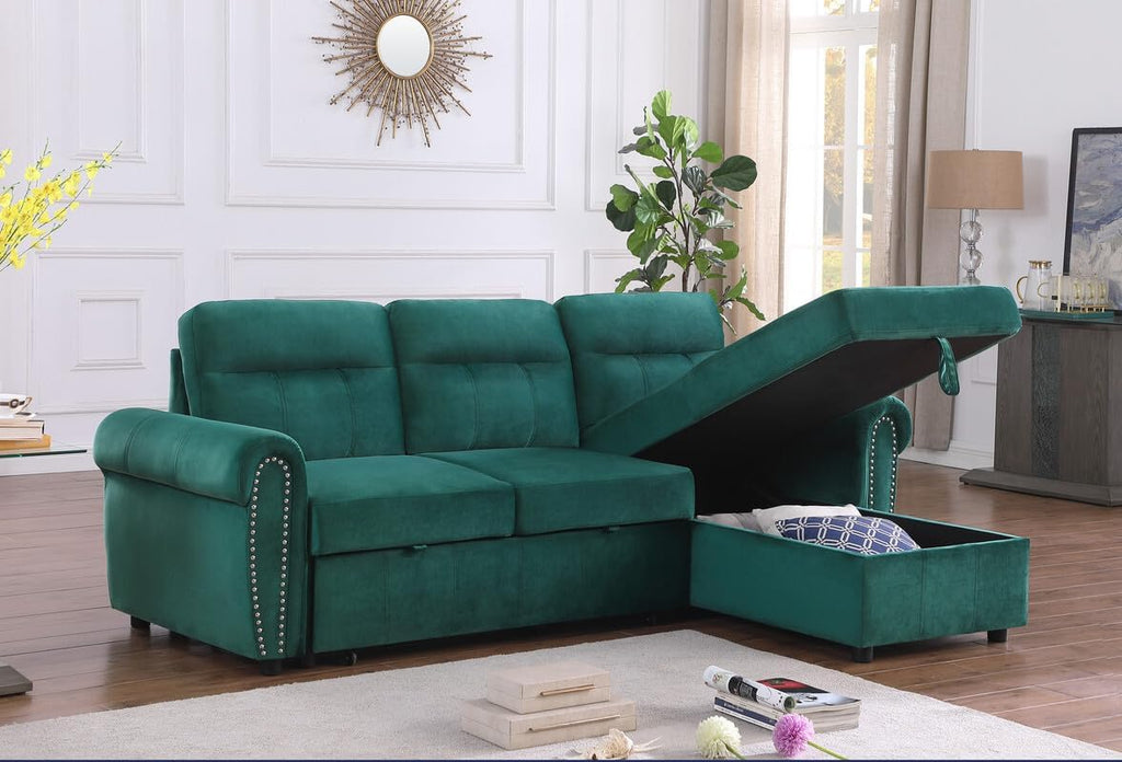 Green Velvet L Shaped Sleeper Sectional Sofa with Storage Chaise O23823