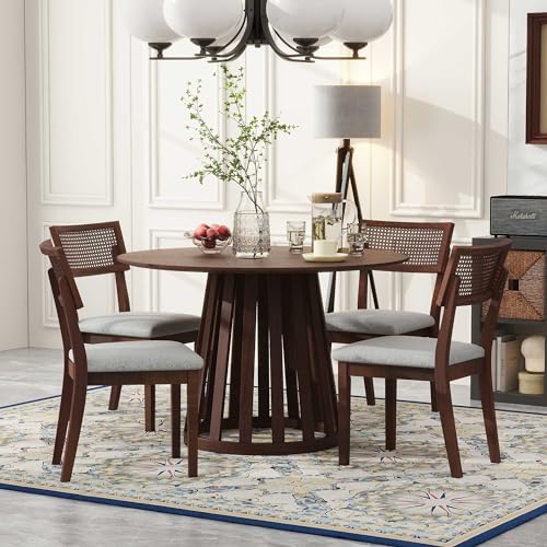5-Piece Wood Dining Table Set with 4 Upholstered Chairs, Walnut O361