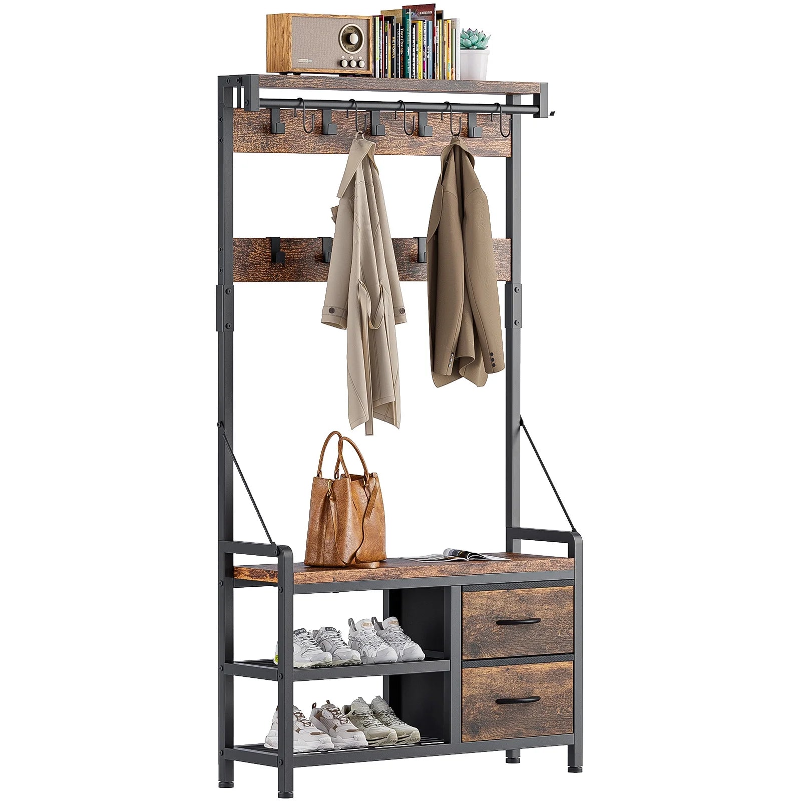 Rustic Brown 4 in 1 Entryway Hall Tree Coat Rack with Shoe Storage Bench 17 Hooks 2 Drawers F621