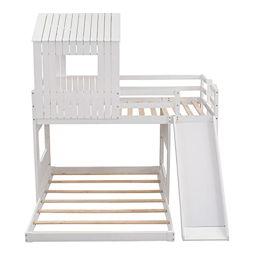 White Twin Over Full Size Wooden Bunk Beds with Slide J48714