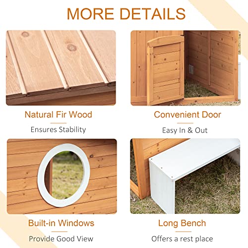 Wooden Playhouse with Working Door, Windows, Mailbox, Bench, Flowers Pot Holder, 48" x 42.5" x 53" Q180