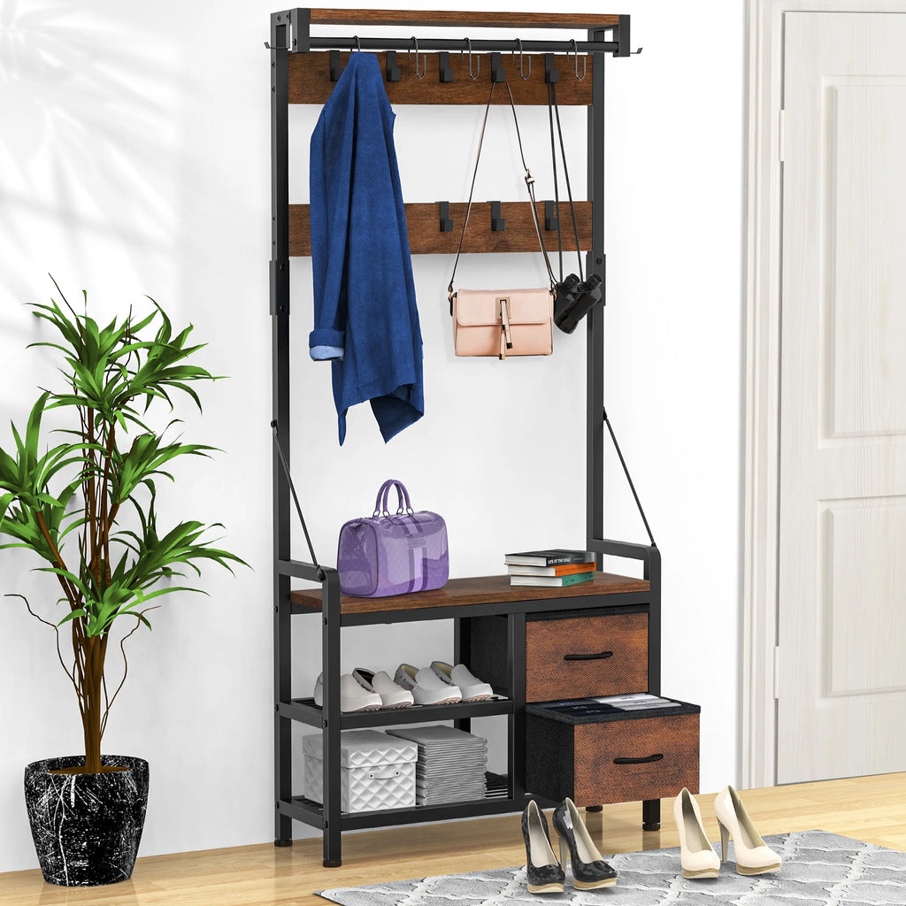 Rustic Brown 4 in 1 Entryway Hall Tree Coat Rack with Shoe Storage Bench 17 Hooks 2 Drawers F621