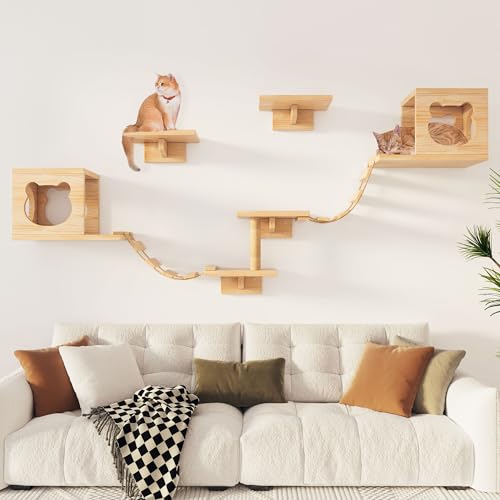 Pine Wooden Cat Wall Shelves with Scratching Post G940953