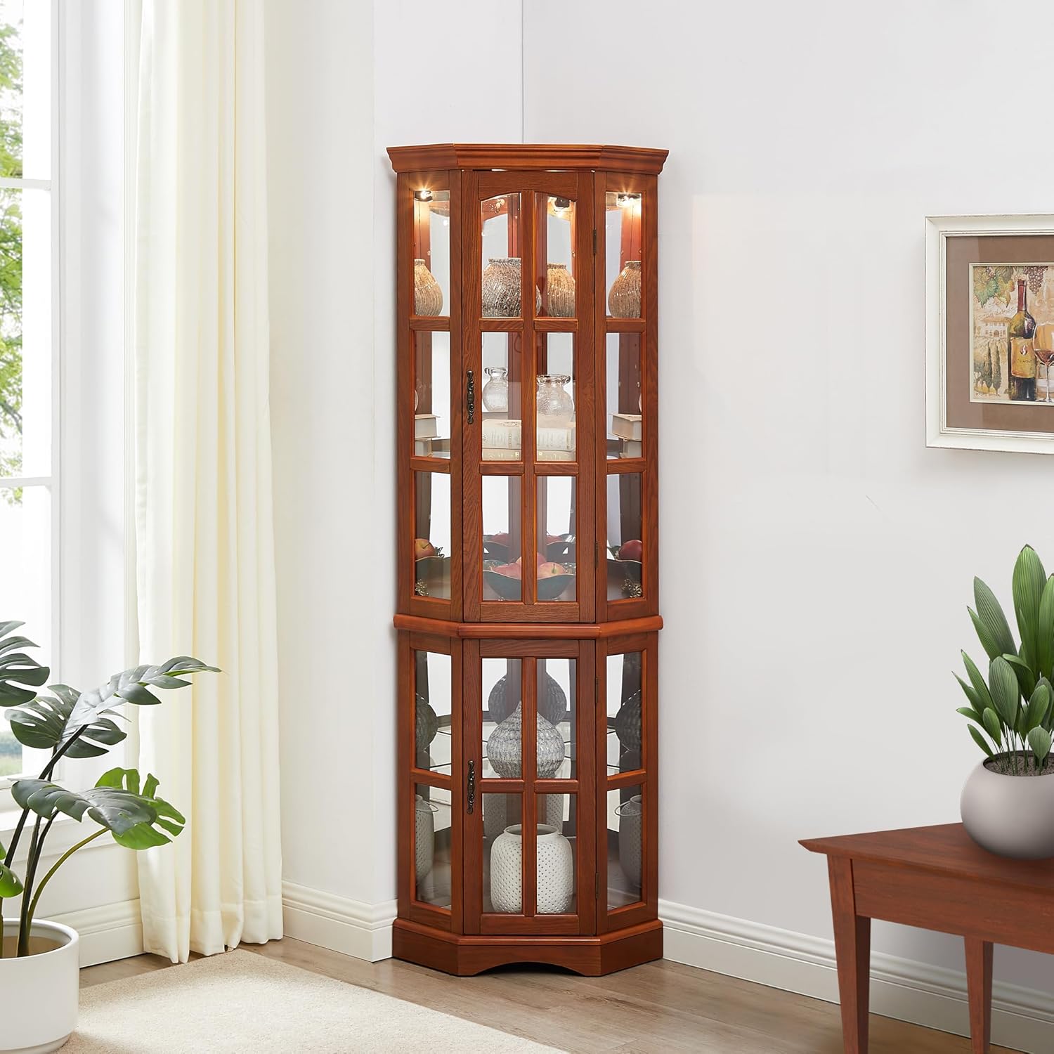 Curio Cabinet with Glass Doors, 5 Shelves, Lighting System, Oak Z375