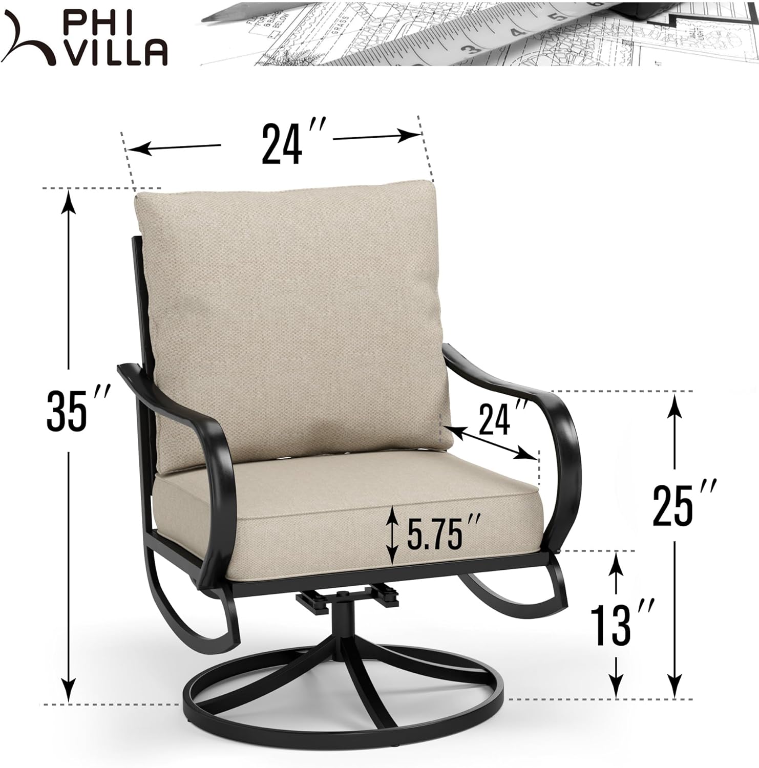 Patio Furniture Chair Set for 2 with 2 Swivel Padded Sofa Chair S904